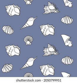 Underwater World Pattern on blue background. Marine vector illustration hand drawn pattern with sea shells, stars, mollusk and coral. Perfect for textiles, wallpaper and prints