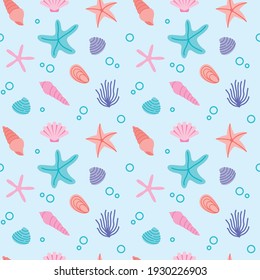 Underwater World Pattern on light blue background. Vector Illustrator