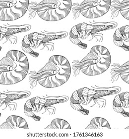 Underwater world pattern. Shrimp, nautilus, mollusk with small details. isolated illustration, side view, fishing. Fish restaurant, logo. Hand drawing coloring book for children and adults. Marine 