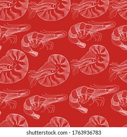 Underwater world pattern. Shrimp, nautilus, mollusk with small details. isolated illustration, side view, fishing. Fish restaurant, logo. Hand drawing pattern for children and adults.