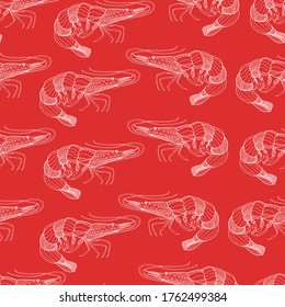 Underwater world pattern. Shrimp with small details. isolated illustration, side view, fishing. Fish restaurant, logo. Hand drawing pattern for children and adults. Marine inhabitants.
