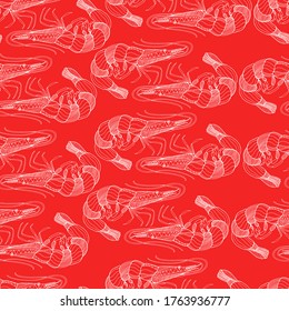 Underwater world pattern. Shrimp with small details. isolated illustration, side view, fishing. Fish restaurant, logo. Hand drawing pattern for children and adults. Marine inhabitants.