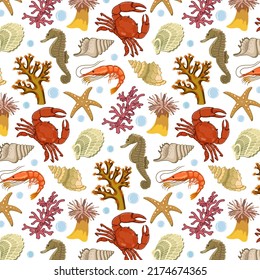 Underwater world in a pattern.Shells, corals, crabs and shrimps on a transparent background in a vector seamless pattern.