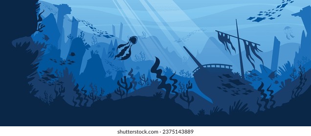 Underwater world pc game background with silhouette of ship on seabed in sunbeams falling from above flat vector illustration