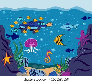 Underwater world, picture in blue. Big turtle with a school of fish, algae, crab, starfish, jellyfish, seahorse, shells. Illustration, vector.