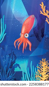 Underwater world poster with colorful coral reefs and cute cartoon sea creature vector illustration