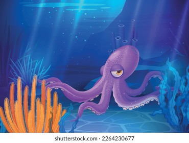 Afiche del mundo submarino con arrecifes de coral coloridos y ilustración de un vector de pulpo de dibujos animados