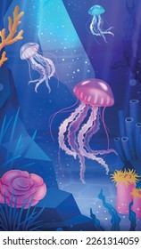 Underwater world poster with coral reefs and jellyfishes vector illustration