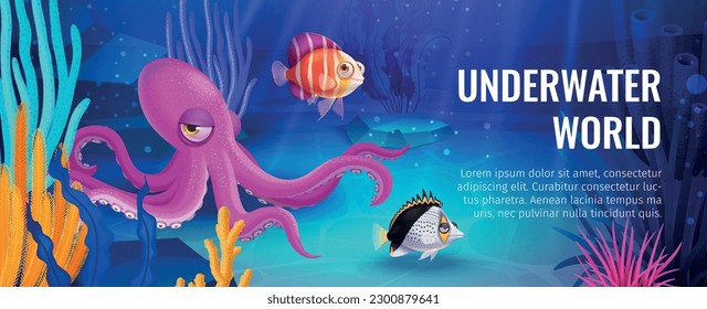 Underwater world poster with coral reefs cute fishes and octopus vector illustration