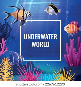 Underwater world poster with cute cartoon fishes and coral reefs vector illustration