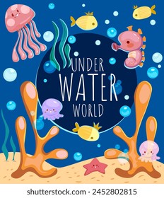 Underwater world poster. Postcard with charming sea inhabitants, algae and corals. Banner with fishes, seahorses, jellyfish and starfish on sandy ocean bottom. Cartoon flat vector illustration