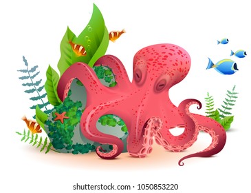 Underwater world red octopus and colored fishes. Isolated on white vector cartoon illustration