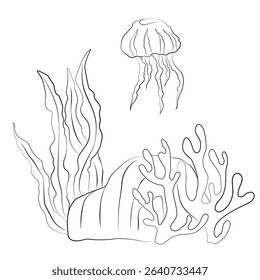 Underwater world, reefs algae coral jellyfish. The bottom of the sea. Sand. Vector illustration. Isolated on white background.