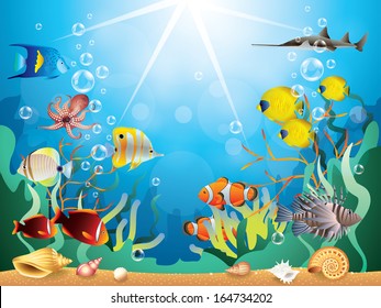 Underwater world with reefs and tropical fishes vector illustration