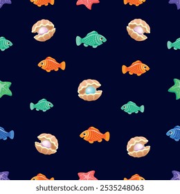 The underwater world is rich in various sea creatures, sea, ocean, water, seaweed, vector, seamless pattern, colored, art, illustration, background, isolated