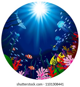 Underwater world round background of tropical sea with coral reefs, fishes and bright beams of sunlight. Vector illustration 