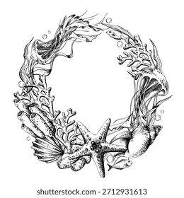 Corona de marco de Plantilla redonda del mundo submarino con coral, algas, peces, estrellas de mar y medusas. Dibujado a mano línea ilustración de arte para textiles, impresión o tarjeta de invitación. Vector gráfico de esquema