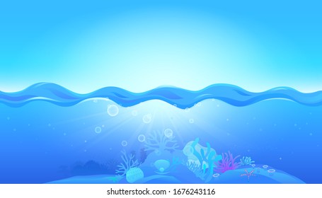 Underwater world scene of coral reefs and sea life in the deep blue ocean . Vector illustration