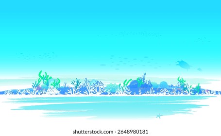 Underwater world scene of coral reefs and sea life in the deep blue ocean.

