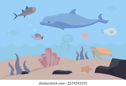 Underwater world Scene with Dolphins, Fish, and Colorful Coral Reefs