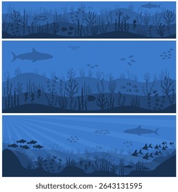 Cena do mundo subaquático com peixes, algas e recifes exóticos. Panorama oceânico com vida selvagem natatória e natureza de mergulho. Fundo aquático azul para ilustração de vetor marinho.