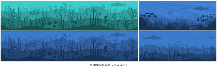 Underwater world scene with fish, seaweed, and exotic reef. Ocean panorama with swimming wildlife and diving nature. Blue aquatic background for marine vector illustration.