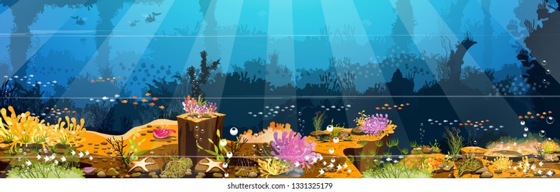 The underwater world scene - marine life - coral reefs, rocks and fish and different underwater creatures for printing, video creation or web graphic design, card-vector card interface
