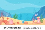 Underwater world scene, ocean floor marine life background. Undersea with corals and seaweed, sea bottom, seabed vector illustration
