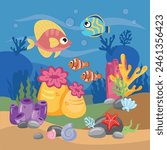 Underwater world scene, ocean floor marine life background. Undersea with corals and seaweed, sea bottom, seabed, illustration