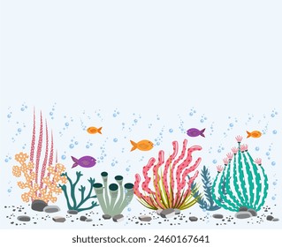 Underwater world scene, ocean floor marine life background. Undersea with corals, fishes and seaweed, sea bottom, seabed vector illustration