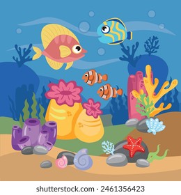 Underwater world scene, ocean floor marine life background. Undersea with corals and seaweed, sea bottom, seabed, illustration