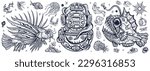 Underwater world. Scuba diver helmet, octopus kraken tentacles. Sea monsters. Angler fish, lionfish, jellyfish. Deep water. Treasures and life of ocean. Old school tattoo black and white style