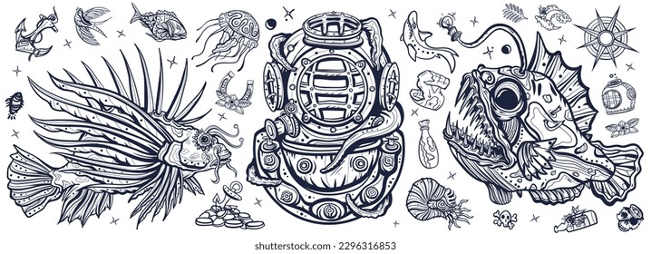 Underwater world. Scuba diver helmet, octopus kraken tentacles. Sea monsters. Angler fish, lionfish, jellyfish. Deep water. Treasures and life of ocean. Old school tattoo black and white style