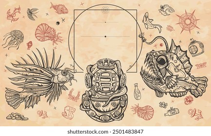 Underwater world. Scuba diver helmet, octopus kraken tentacles. Sea monsters. Angler fish, lionfish, jellyfish. Art background. Medieval manuscript, engraving style