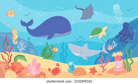 Underwater world, sea animals, marine life scene. Ocean with corals, turtle, whale, jellyfish, octopus, shark, aquatic vector illustration