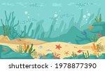 Underwater world sea bottom, algae and coral reef, sea stars and fish, flat cartoon background. Vector aquarium with seafloor, marine wildlife scenery, bubbles. Seaweeds and stones undersea plants