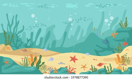Underwater world sea bottom, algae and coral reef, sea stars and fish, flat cartoon background. Vector aquarium with seafloor, marine wildlife scenery, bubbles. Seaweeds and stones undersea plants