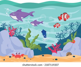 Plano submarino del fondo marino y animales acuáticos concepto de diseño vectorial, Mar tropical bajo y sobre superficie de agua ilustración