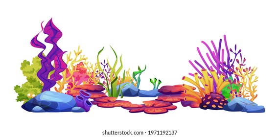 Underwater world sea bottom plants, algae and coral reef, seaweeds and stone rocks isolated on white. Vector undersea flora, aquarium, marine wildlife scenery, exotic tropical seafloor decor elements