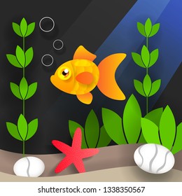 Underwater World And Sea Creatures, Vector Illustration On Dark Background