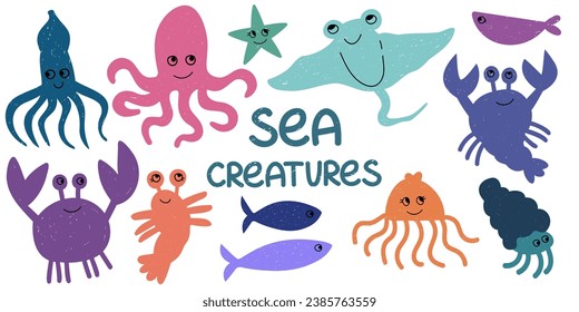 Underwater world, sea creatures Vector cute illustration ocean or sea with octopus, jellyfish, various fish, starfish, crab, shrimp. Drawings for banner, card, postcard
