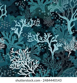 Underwater world, sea depth. Seamless vector pattern. Corals and algae on black background. Textile print, pattern for children, pattern for sporting goods, wallpaper, surface pattern. 