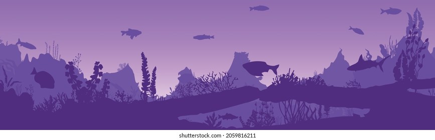 Underwater world. Sea with fish, reefs and algae. Vector