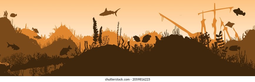 Underwater world. Sea with fish, reefs and algae. Vector