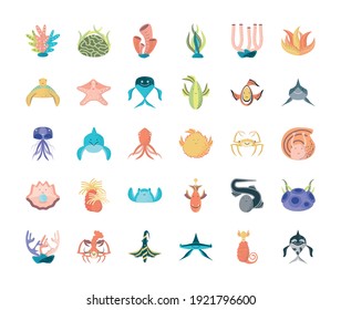 underwater world sea fishes whale dolphin starfish jellyfish crab turtle icon set vector illustration