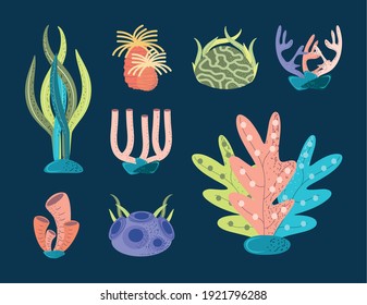 underwater world sea life coral reef stones icon set vector illustration