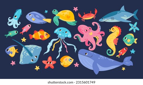 Underwater world, sea life. Cute sea animals and fish. Cartoon vector characters with smiling faces.