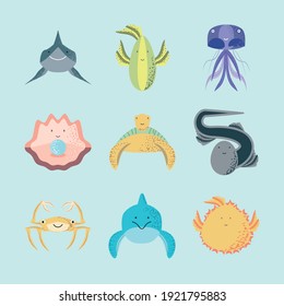 underwater world sea life icon set jellyfish shark seashell eel vector illustration