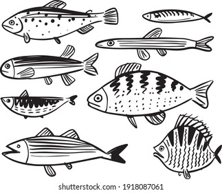 Underwater world sea life ocean fish icon set. Fish sketch collection. Hand drawn vector illustration.