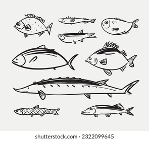 Underwater world sea life ocean fish icon set. Fish sketch collection. Hand drawn vector illustration.